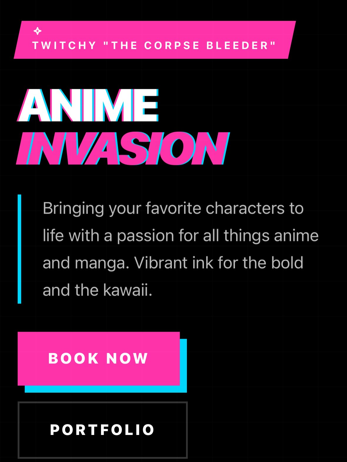 My website is now live!! www.twitchicide.com ★彡 Booking, designs, price calculator, & more are all available…